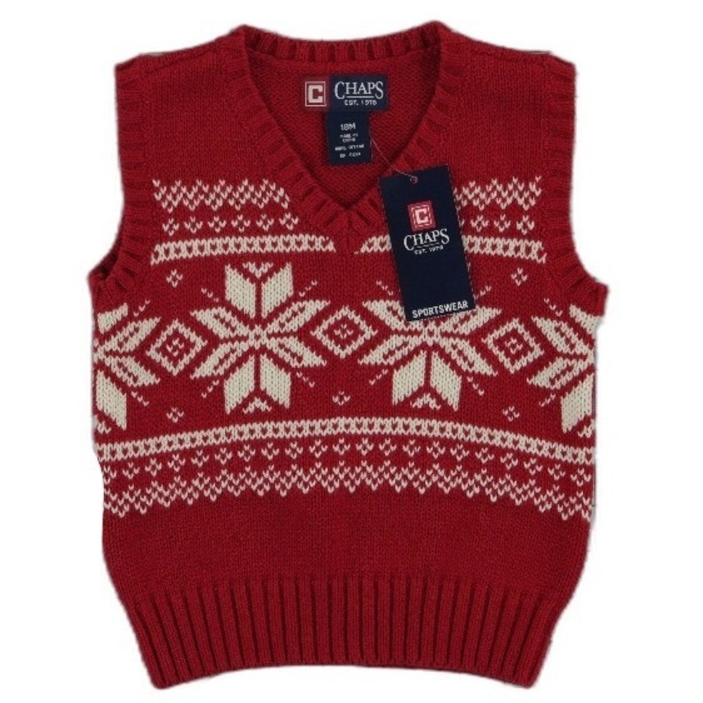 NWT Chaps Sweater Vest 100% Cotton Boys Size 18M Red Fair Isle Snowflake V-Neck